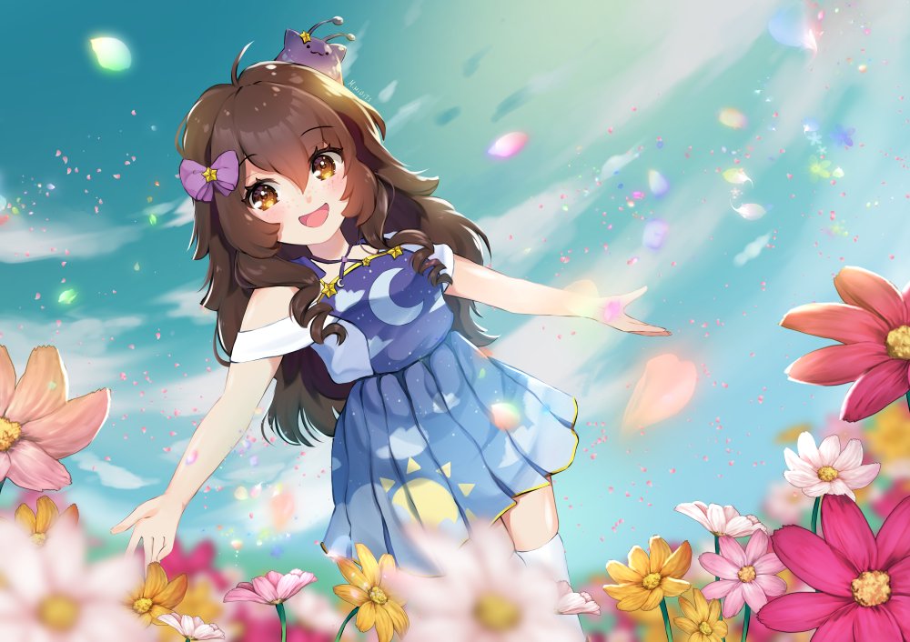 :d, ahoge, antennae, blob, blue_dress, blue_sky, blush, bow