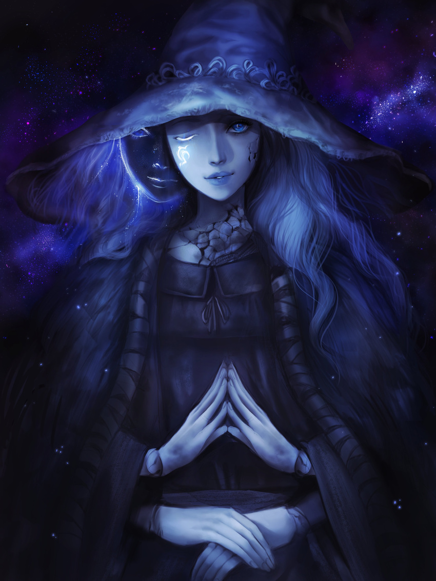 1girl, absurdres, black_dress, blue_eyes, blue_hair, blue_lips, blue_skin, cloak