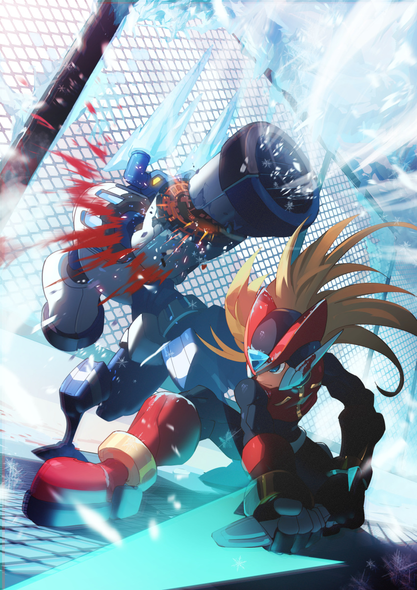 1boy, absurdres, blizzack_staggroff, blonde_hair, blood, blue_eyes, energy_sword, helmet