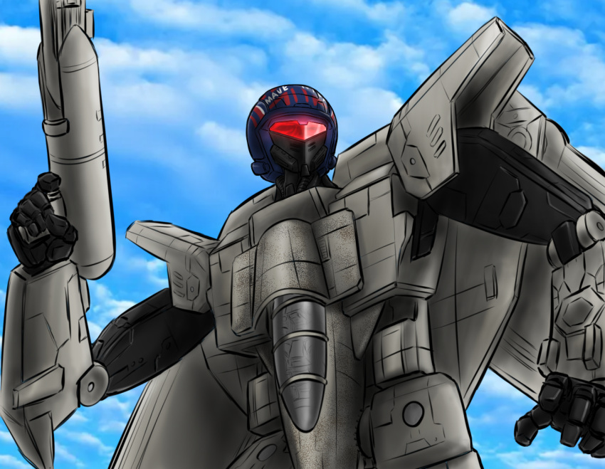assault_visor, autobot, chinese_commentary, clouds, commentary_request, crossover, gun, helmet, holding, holding_gun, holding_weapon, looking_to_the_side, maverick_(transformers), mecha, open_hand, robot, science_fiction, sketch, sky, top_gun, transformers, upper_body, weapon, zhiliudan