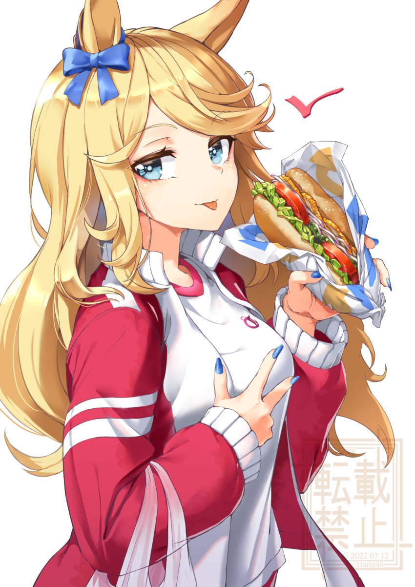 1girl, blonde_hair, blue_bow, blue_eyes, blush, bow, dated, ear_blush