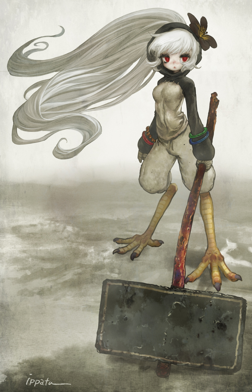 1girl, :o, absurdres, animal_feet, artist_name, baggy_pants, bangs, bird_legs