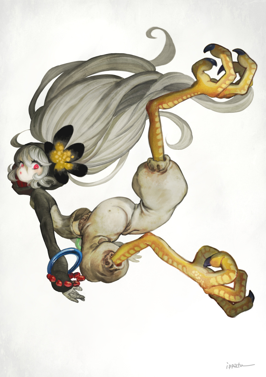 1girl, :o, absurdres, animal_feet, artist_name, baggy_pants, bangle, bird_legs