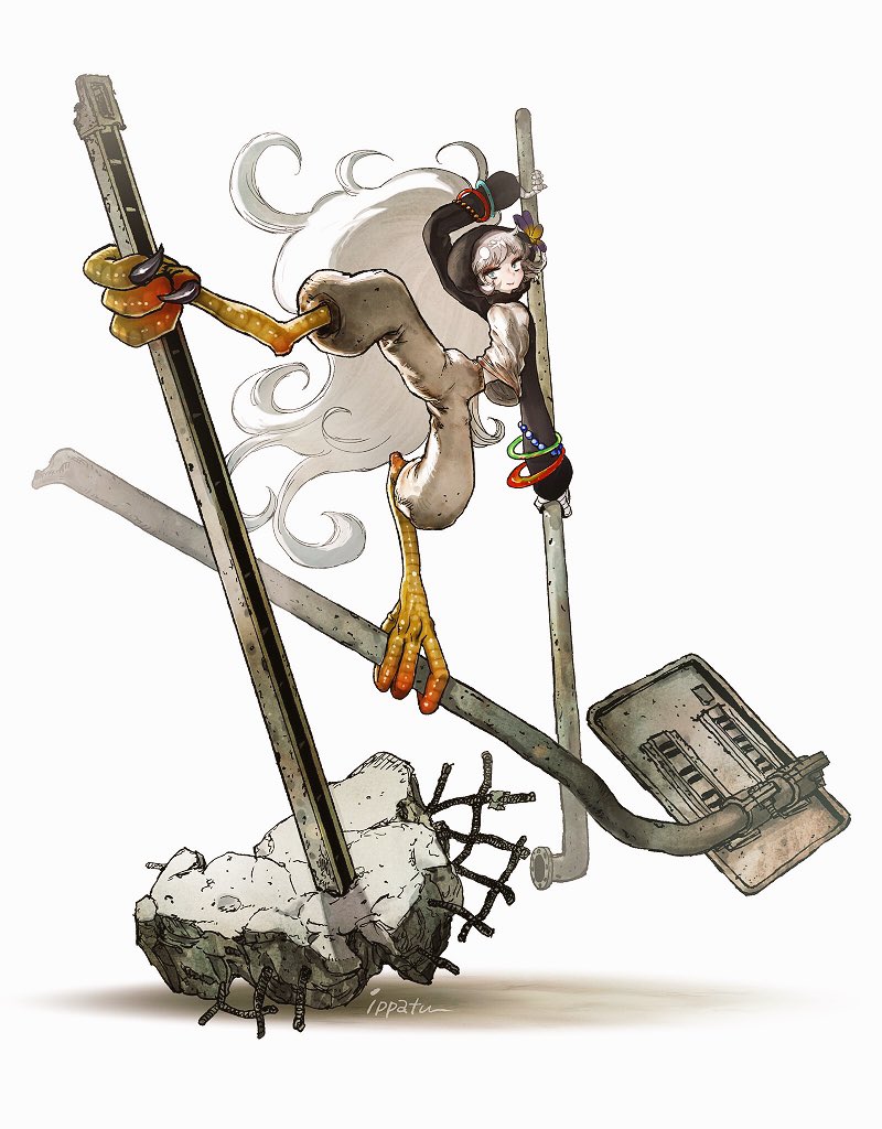 1girl, animal_feet, arm_up, artist_name, baggy_pants, bangle, bird_legs, black_hoodie