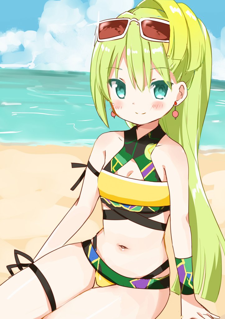 1girl, alina_gray, alina_gray_(swimsuit_costume), bangs, bare_shoulders, beach, bikini, earrings