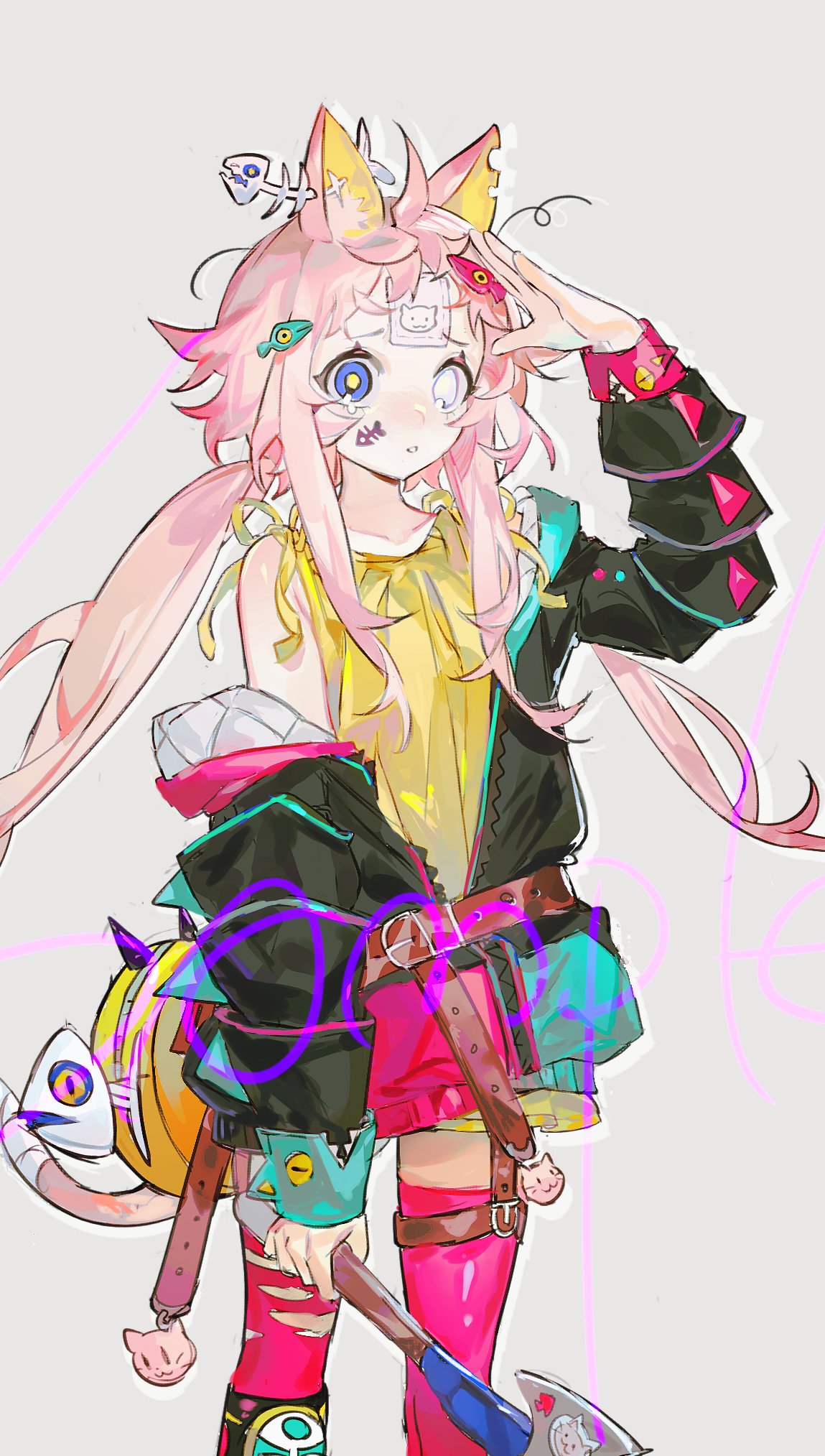 1girl, ahoge, animal_ears, arm_up, axe, belt, black_jacket, blue_eyes