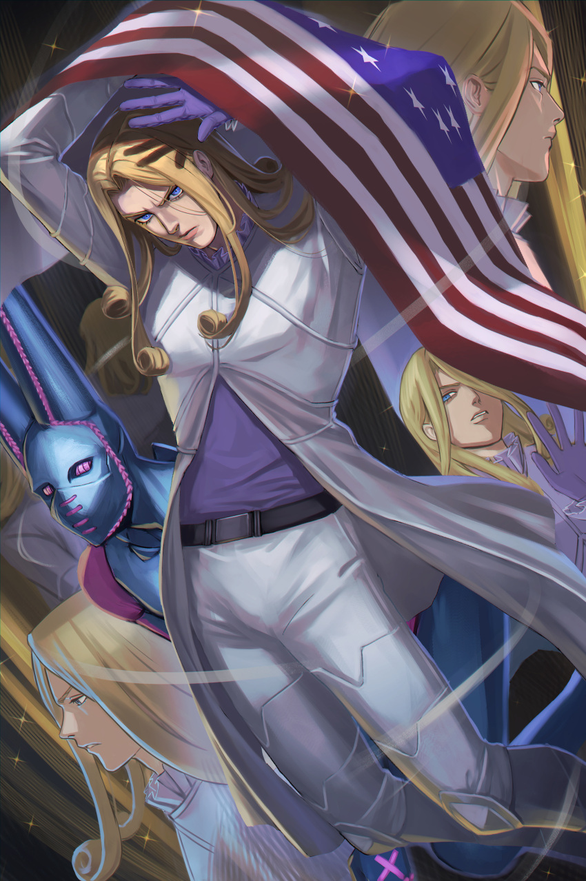 1boy, @acchom_zatta, absurdres, american_flag, arms_up, belt, blonde_hair, blue_eyes
