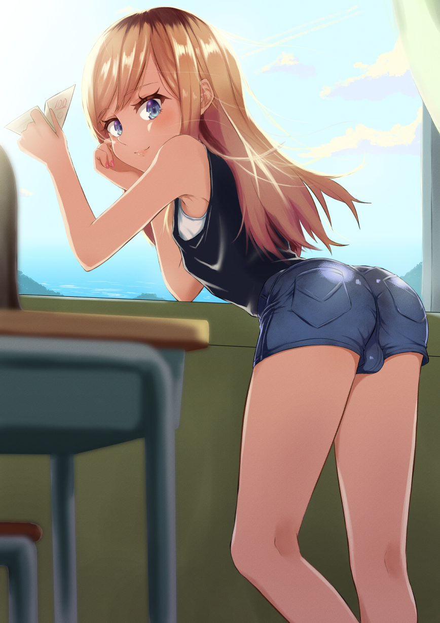 1boy, ass, black_shirt, blonde_hair, blue_eyes, blue_shorts, classroom, denim