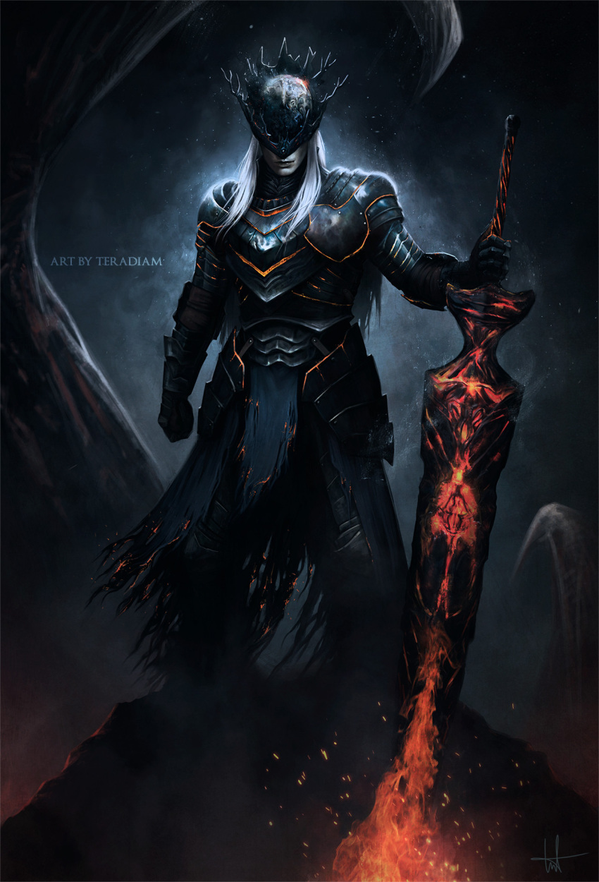 1boy, armor, artist_name, black_background, black_gloves, closed_mouth, dark_souls_(series), dark_souls_iii