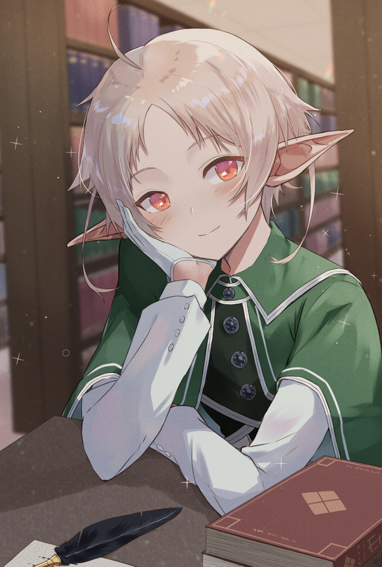 1girl, ahoge, blush, book, bookshelf, buttons, capelet, elf