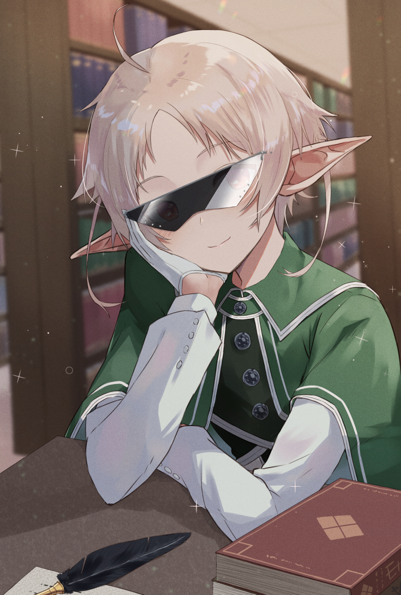1girl, ahoge, blush, book, bookshelf, buttons, capelet, elf