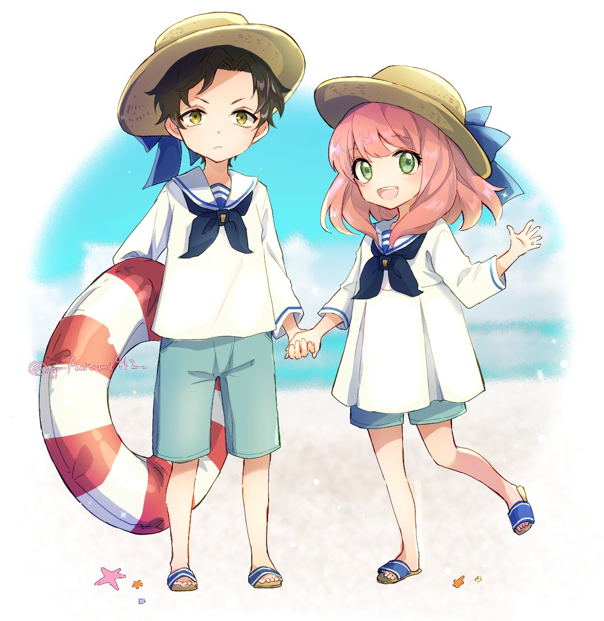 1boy, 1girl, :/, anya_(spy_x_family), bangs, beach, black_hair, blue_ribbon, blue_shorts, blush, closed_mouth, commentary_request, damian_desmond, green_eyes, hairpods, hat, hat_ribbon, highres, holding, holding_hands, holding_innertube, horn_ornament, horns, innertube, looking_at_viewer, medium_hair, open_mouth, pink_hair, red_innertube, ribbon, sailor_collar, sandals, shorts, spy_x_family, standing, starfish, straw_hat, takoyan_(g_autumn), teeth, upper_teeth, yellow_eyes