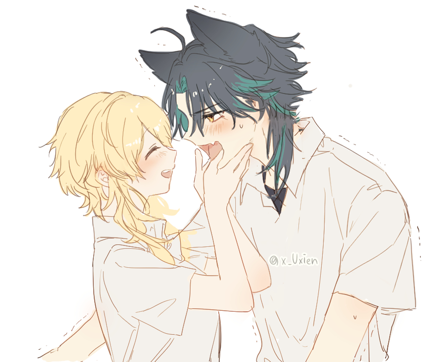 1boy, 1girl, animal_ears, aqua_hair, bangs, blonde_hair, blush, cat_ears, chinese_commentary, closed_eyes, collared_shirt, colored_inner_hair, commentary_request, facial_mark, fang, forehead_mark, genshin_impact, hands_on_another's_face, kemonomimi_mode, looking_at_another, lumine_(genshin_impact), multicolored_hair, open_mouth, parted_bangs, shirt, short_hair_with_long_locks, short_sleeves, sidelocks, simple_background, skin_fang, trembling, twitter_username, upper_body, uxien, white_background, white_shirt, wing_collar, xiao_(genshin_impact), yellow_eyes