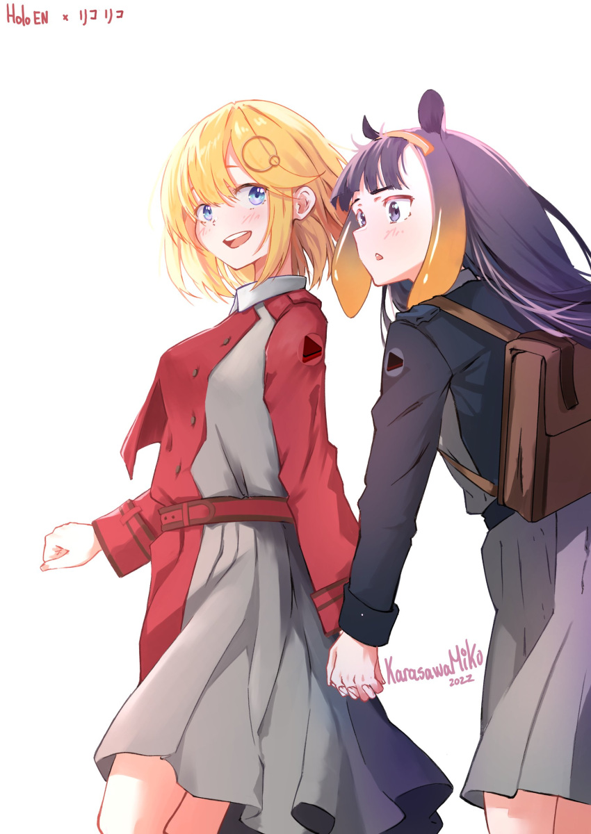 2girls, absurdres, artist_name, bag, blonde_hair, blue_eyes, copyright_name, cosplay
