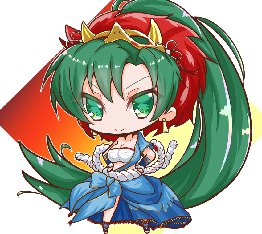 1girl, breasts, chibi, earrings, fire_emblem, fire_emblem:_the_blazing_blade, fire_emblem_heroes, green_eyes, green_hair, griffonmask11, high_ponytail, highres, jewelry, large_breasts, long_hair, lyn_(fire_emblem), mask, mask_on_head, official_alternate_costume, ponytail, solo, very_long_hair
