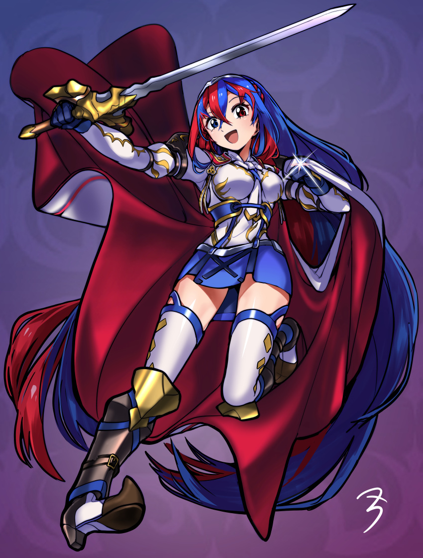 1girl, absurdres, alear_(fire_emblem), alear_(fire_emblem)_(female), armor, blue_eyes, blue_hair, braid, crown_braid, fire_emblem, fire_emblem_engage, heterochromia, highres, holding, holding_sword, holding_weapon, long_hair, multicolored_hair, red_eyes, redhead, sbql_(niaunclefan), solo, sword, two-tone_hair, very_long_hair, weapon