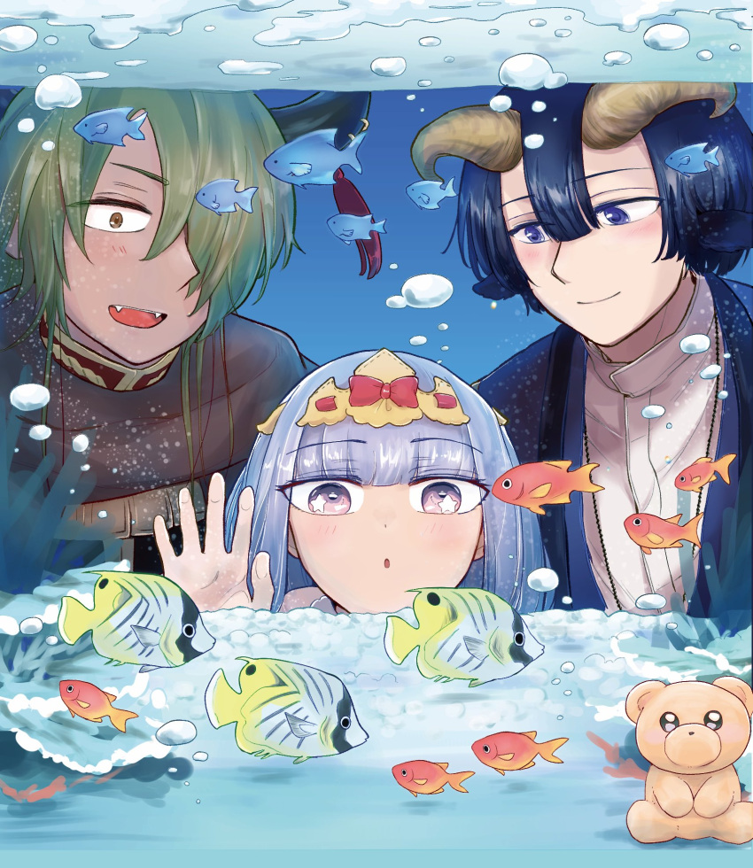 1girl, 2boys, animal_ears, aurora_sya_lis_kaymin, blue_eyes, blue_hair, brown_eyes, commentary_request