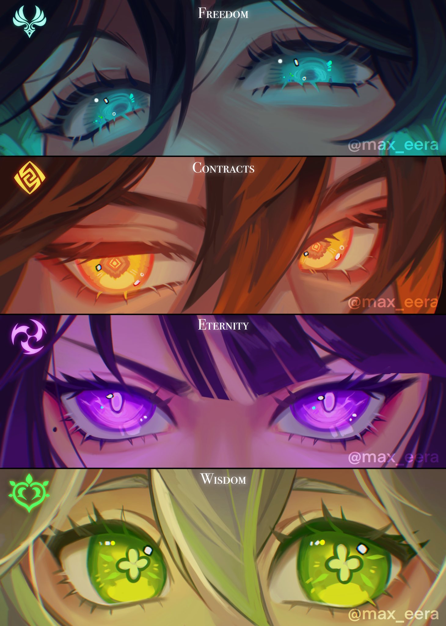 2boys, 2girls, aqua_eyes, bangs, blunt_bangs, column_lineup, diamond-shaped_pupils, diamond_(shape), english_commentary, eye_focus, eyelashes, eyeshadow, flower-shaped_pupils, genshin_impact, green_eyes, hair_between_eyes, highres, makeup, max_eera, mole, mole_under_eye, multiple_boys, multiple_girls, nahida_(genshin_impact), orange_eyes, purple_hair, raiden_shogun, red_eyeshadow, serious, staring, symbol-shaped_pupils, twitter_username, venti_(genshin_impact), violet_eyes, zhongli_(genshin_impact)