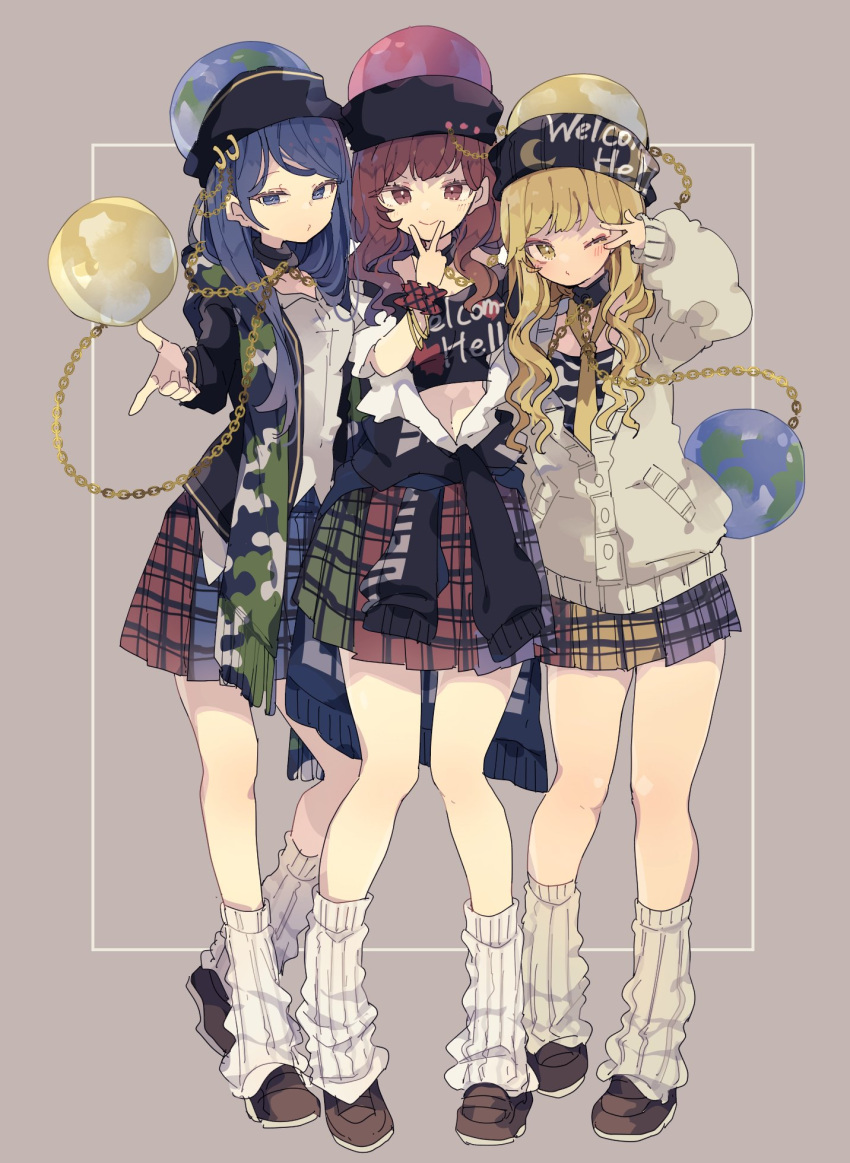3girls, black_headwear, black_jacket, blonde_hair, blue_eyes, blue_hair, brown_footwear, chain