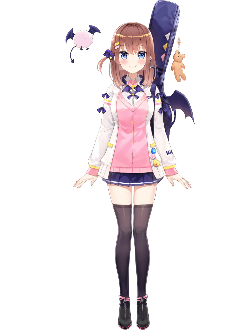 1girl, akuma_saki, axel-v, bat_hair_ornament, blue_eyes, brown_hair, fuumi_(radial_engine), hair_ornament, hairclip, hairpin, highres, instrument, jacket, jewelry, looking_at_viewer, shirt, smile, solo, virtual_youtuber