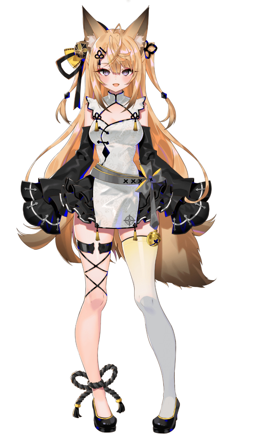 1girl, ahoge, animal_ears, arutera, axel-v, ball, banned_artist, blonde_hair, blush, breasts, fox_ears, hair_ornament, highres, kurune_kokuri, long_hair, looking_at_viewer, skirt, smile, solo, taut_clothes, temari_ball, violet_eyes, virtual_youtuber