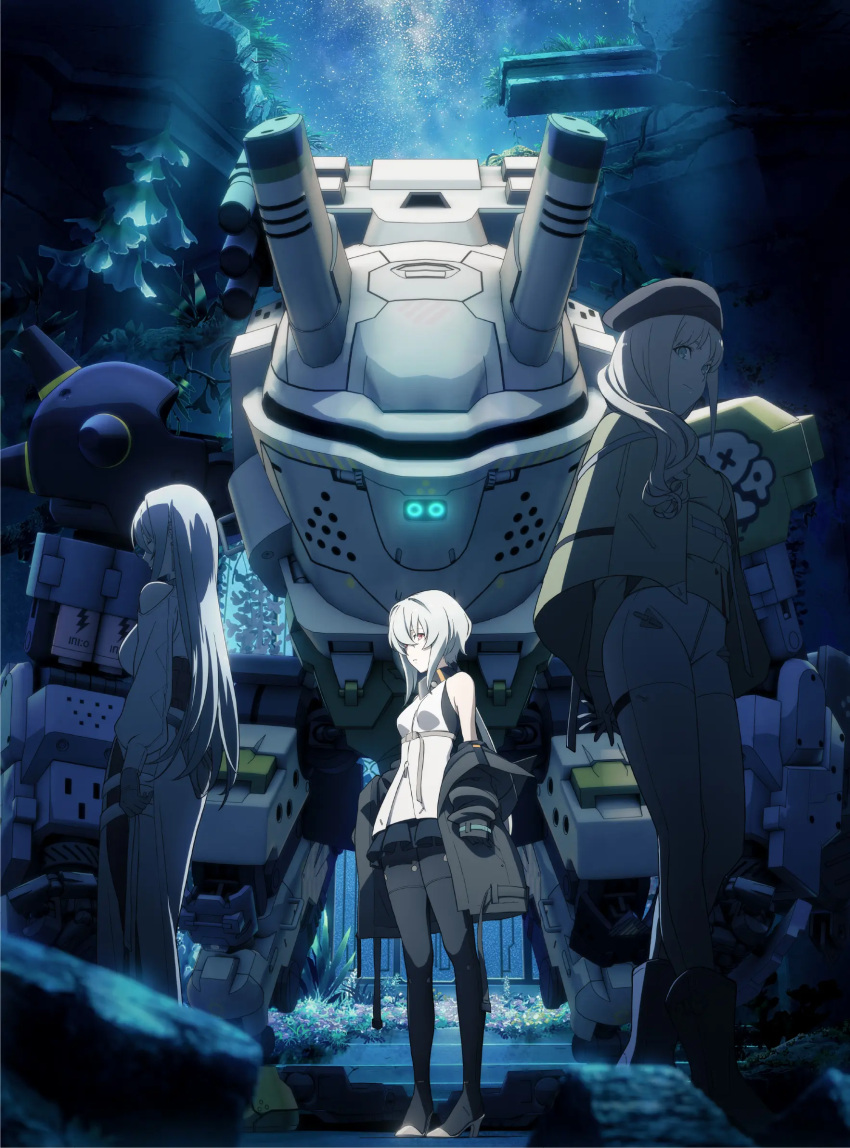 3girls, beret, black_headwear, black_pantyhose, black_skirt, blonde_hair, blue_eyes, breasts