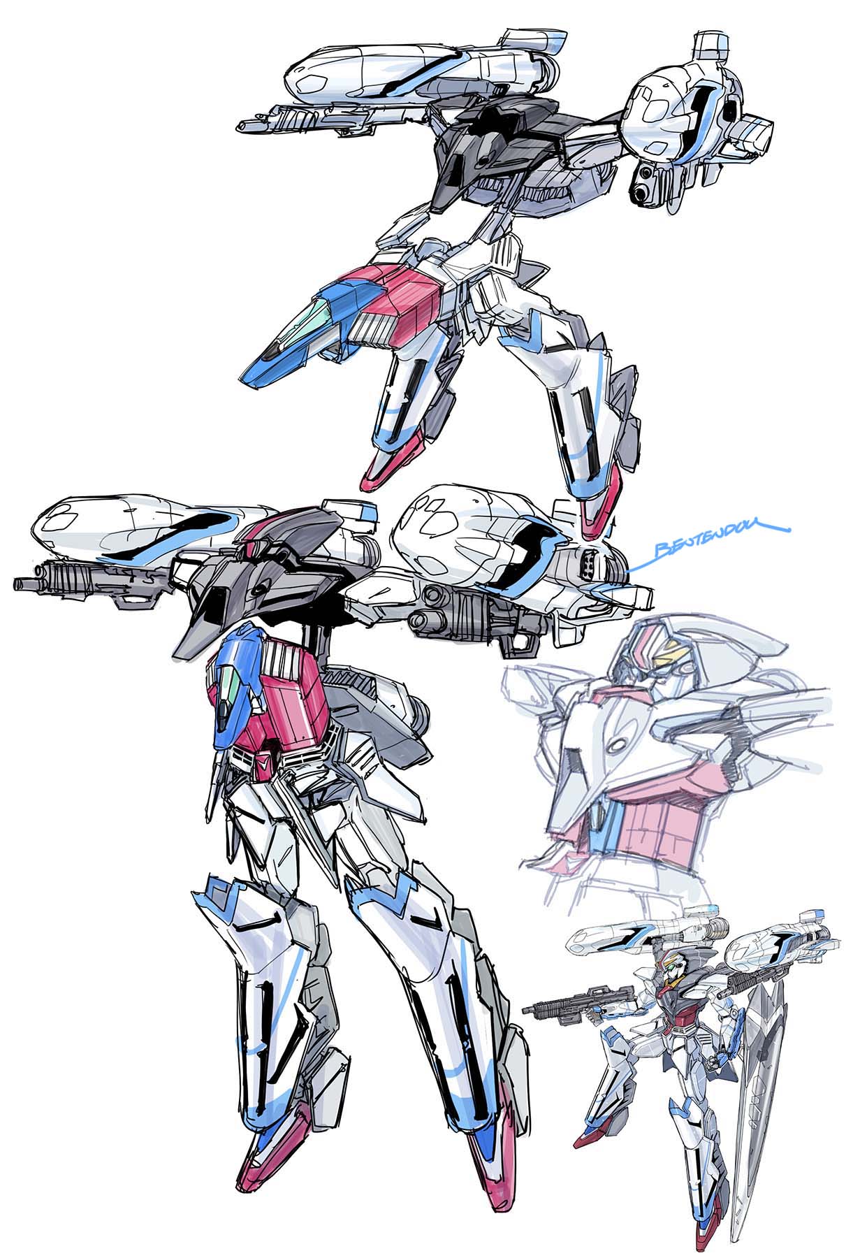 artist_name, clenched_hand, core_fighter, gerwalk, green_eyes, gun, gundam, highres