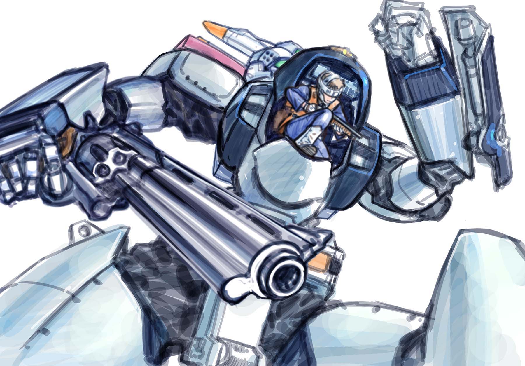 1girl, assault_visor, av-98_ingram, blue_pants, blue_shirt, brown_hair, from_below, gun