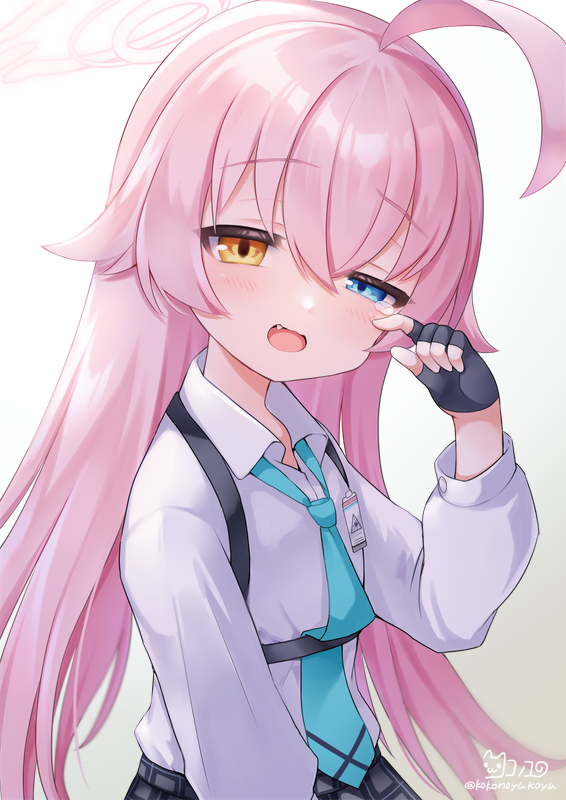1girl, ahoge, bangs, black_gloves, blue_archive, blue_eyes, blue_necktie, collared_shirt, commentary_request, fingerless_gloves, gloves, gradient, gradient_background, grey_background, grey_skirt, hair_between_eyes, half-closed_eye, halo, hand_up, heterochromia, hoshino_(blue_archive), long_hair, long_sleeves, nanopai_kakumeikokonoyu, necktie, pink_hair, plaid, plaid_skirt, puffy_long_sleeves, puffy_sleeves, shirt, signature, skirt, solo, tears, twitter_username, very_long_hair, white_background, white_shirt, wiping_tears, yellow_eyes