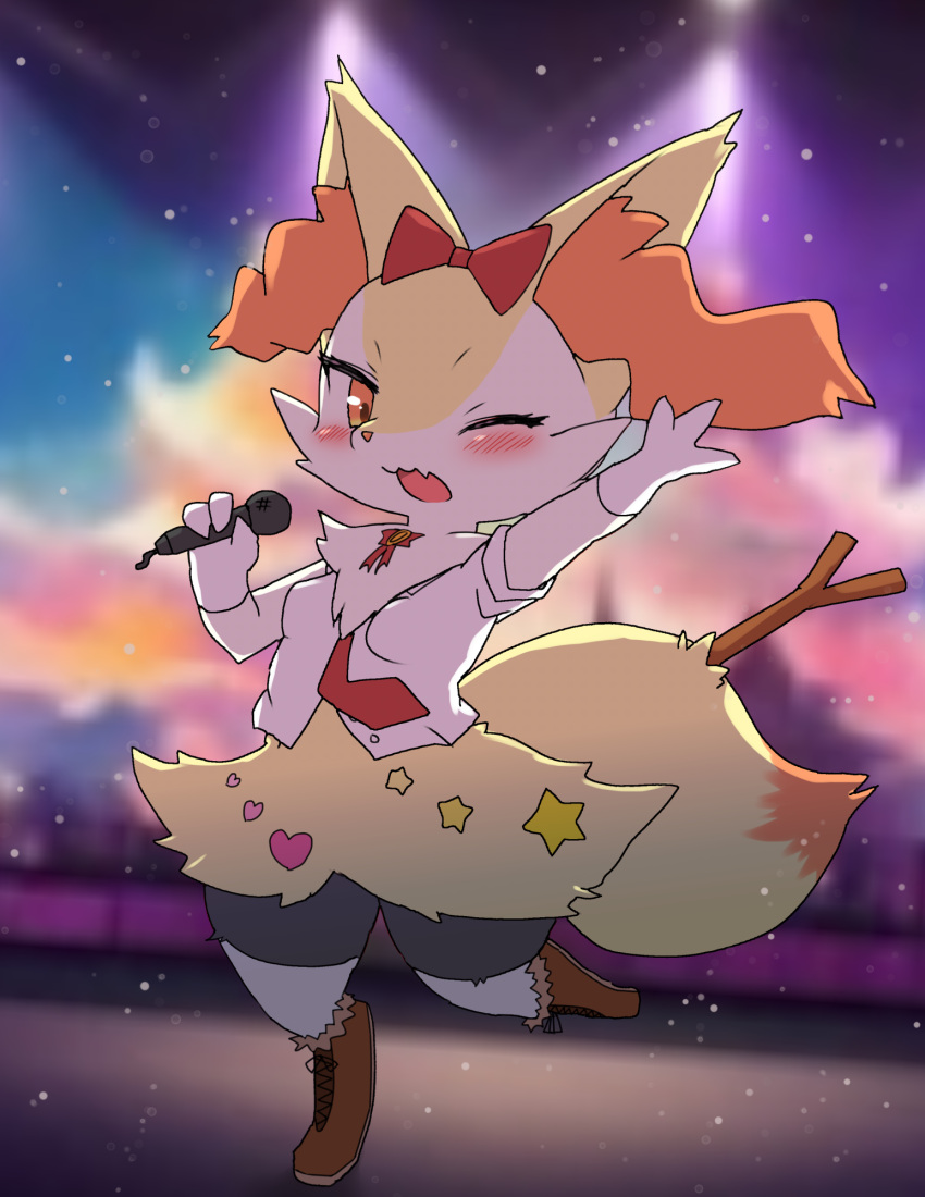 1girl, :3, animal_ear_fluff, animal_ears, animal_hands, animal_nose, arm_up, backlighting, black_fur, blurry, blurry_background, blush, body_fur, bottomless, bow, bowtie, braixen, breasts, brown_footwear, buttons, clothed_pokemon, commentary_request, dutch_angle, english_commentary, fang, fox_ears, fox_girl, fox_tail, full_body, fur_collar, furry, furry_female, gloves, hair_bow, hand_up, happy, heart, highres, holding, holding_microphone, idol, leg_up, light_particles, looking_at_viewer, microphone, mixed-language_commentary, multicolored_fur, music, necktie, one_eye_closed, open_mouth, orange_eyes, outstretched_arm, partial_commentary, pokemon, pokemon_(creature), red_bow, red_bowtie, red_necktie, shirt, shoes, short_sleeves, singing, skin_fang, small_breasts, smile, snout, socks, solo, spotlight, standing, standing_on_one_leg, star_(symbol), stick, tail, thighs, white_fur, white_gloves, white_shirt, white_socks, xanadu_corona, yellow_fur