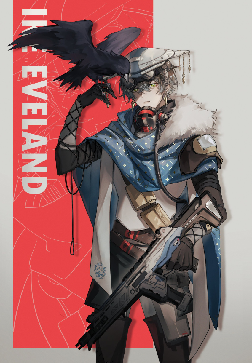 1boy, absurdres, apex_legends, assault_rifle, belt, bird, bird_on_hand, bishounen