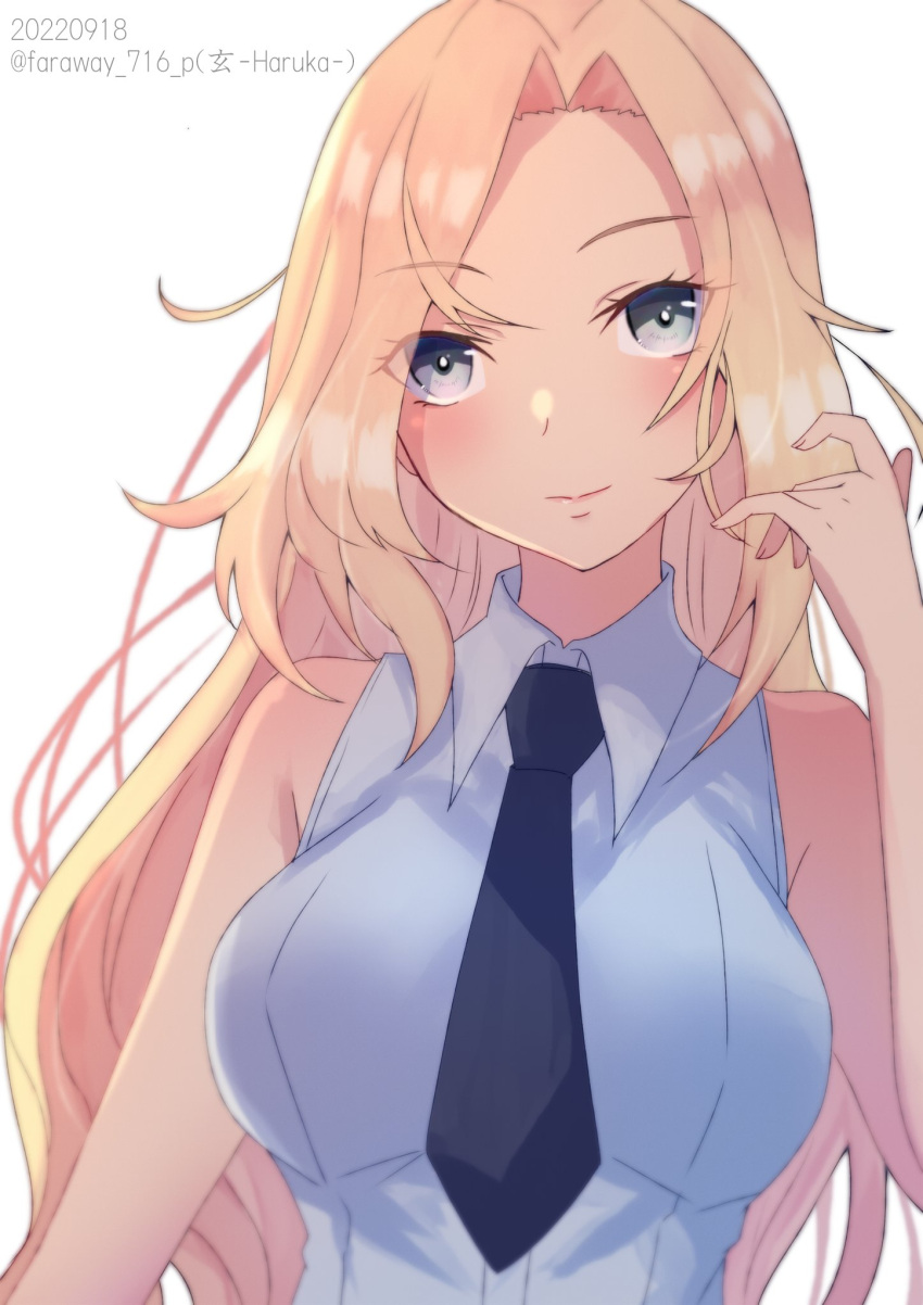 1girl, black_necktie, blonde_hair, breasts, dress_shirt, grey_eyes, haruka_faraway716, highres, hornet_(kancolle), kantai_collection, large_breasts, long_hair, looking_at_viewer, necktie, shirt, simple_background, sleeveless, sleeveless_shirt, solo, upper_body, white_background, white_shirt