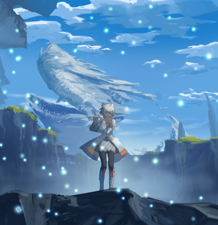 1girl, agnus_female_off-seer_uniform, animal_ears, boots, cat_ears, closed_eyes, detached_sleeves, fireflies