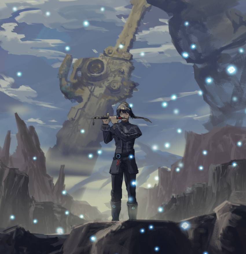 1boy, belt, black_hair, black_pants, boots, closed_eyes, fireflies, flute, highres, instrument, male_focus, music, noah_(xenoblade), nukakarubepu, pants, planted, planted_sword, playing_instrument, ponytail, sword, uniform, weapon, xenoblade_chronicles_(series), xenoblade_chronicles_3
