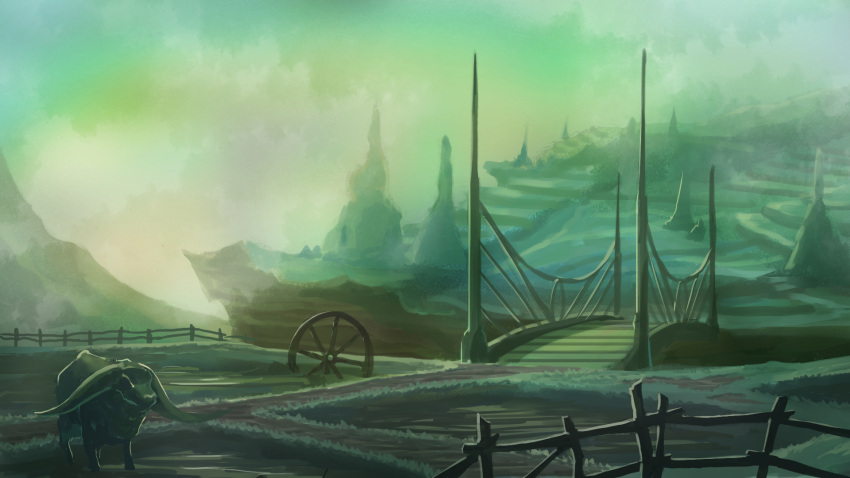 bridge, bull, fence, highres, no_humans, outdoors, rice_paddy, scenery