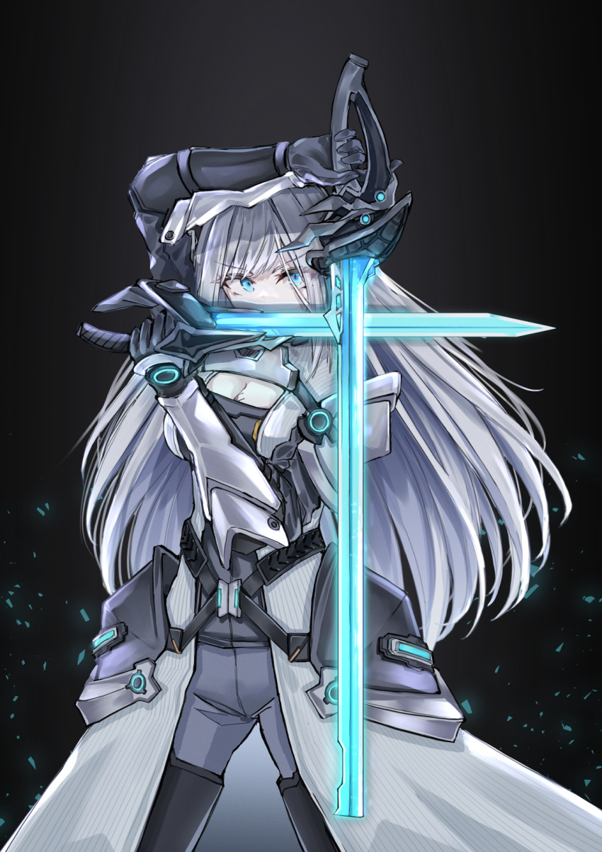 1girl, black_background, black_gloves, blue_eyes, breasts, cleavage_cutout, clothing_cutout, dual_wielding