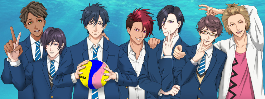 6+boys, :d, amihama_shuugo, arm_up, ball, black_hair, blazer, blue_eyes