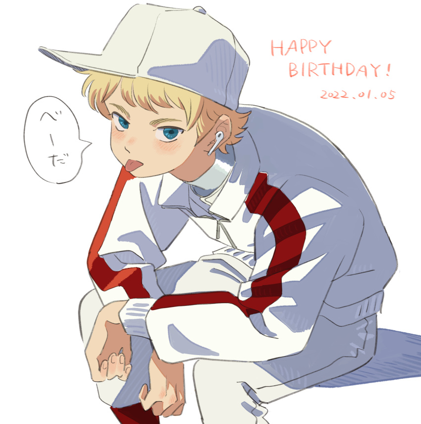 1boy, ace_of_diamond, airpods, baseball_cap, blonde_hair, blue_eyes, dangomochi2, dated