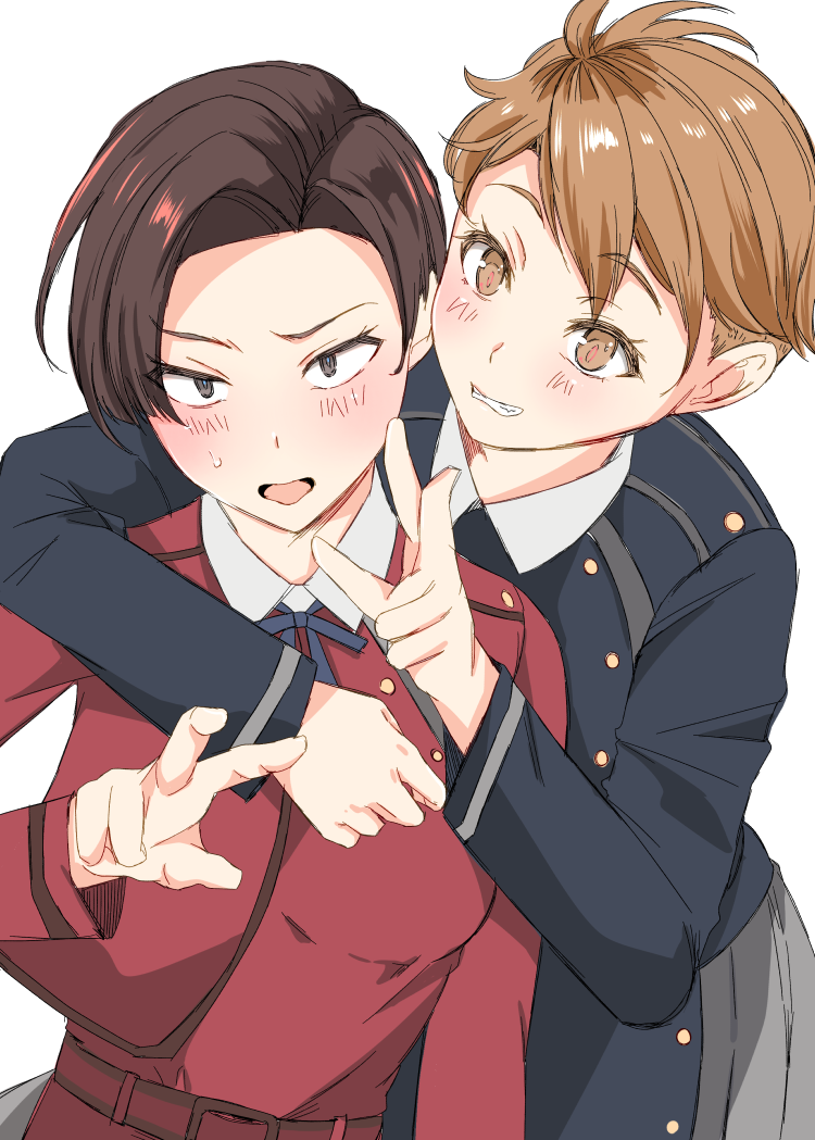 2girls, abenattou, arm_around_shoulder, black_eyes, blush, brown_eyes, brown_hair, grey_skirt