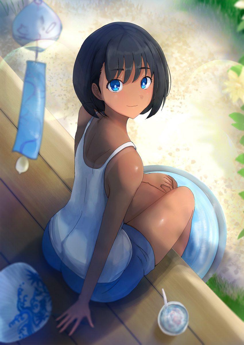 1girl, black_hair, blue_eyes, blue_shorts, dark-skinned_female, dark_skin, day, from_above