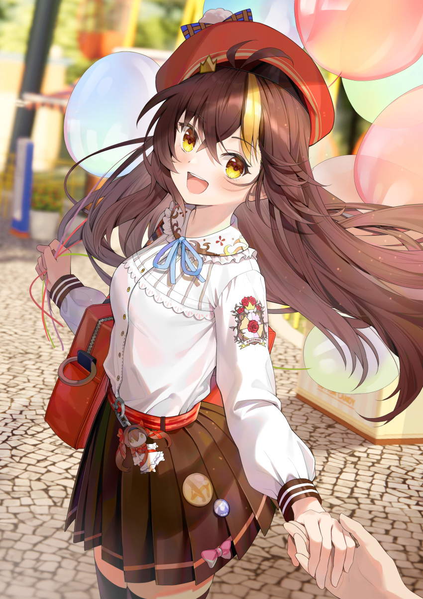 1girl, 1other, :d, absurdres, ahoge, badge, bag, balloon, belt, beret, bingtang, black_thighhighs, blonde_hair, blue_ribbon, blurry, blurry_background, bow, brown_hair, brown_skirt, charm_(object), cobblestone, collared_shirt, cotton_ball, cowboy_shot, crown_hair_ornament, depth_of_field, floating_hair, frilled_shirt_collar, frills, from_side, hat, highres, hokuotzu, holding, holding_balloon, holding_hands, indie_virtual_youtuber, long_sleeves, looking_at_viewer, miniskirt, multicolored_hair, neck_ribbon, official_art, outdoors, pink_bow, plaid, plaid_bow, pleated_skirt, pov, pov_hands, puffy_long_sleeves, puffy_sleeves, red_bag, red_belt, red_headwear, ribbon, school_bag, shirt, shoulder_bag, skirt, skirt_bow, smile, standing, stone_floor, streaked_hair, stuffed_toy, teeth, thigh-highs, upper_teeth, virtual_youtuber, white_shirt, yellow_eyes, zettai_ryouiki