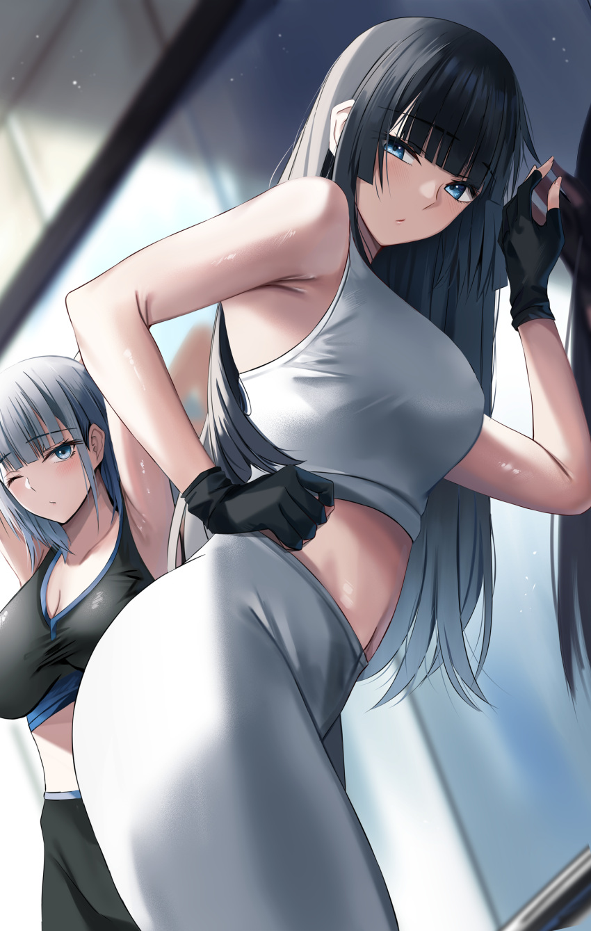 2girls, armpits, arms_up, bangs, black_gloves, black_hair, breasts, eyebrows_hidden_by_hair
