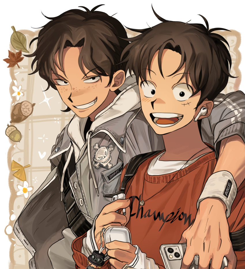 2boys, arm_around_shoulder, bangs, bishounen, black_eyes, bluetooth_headset, brothers, brown_hair