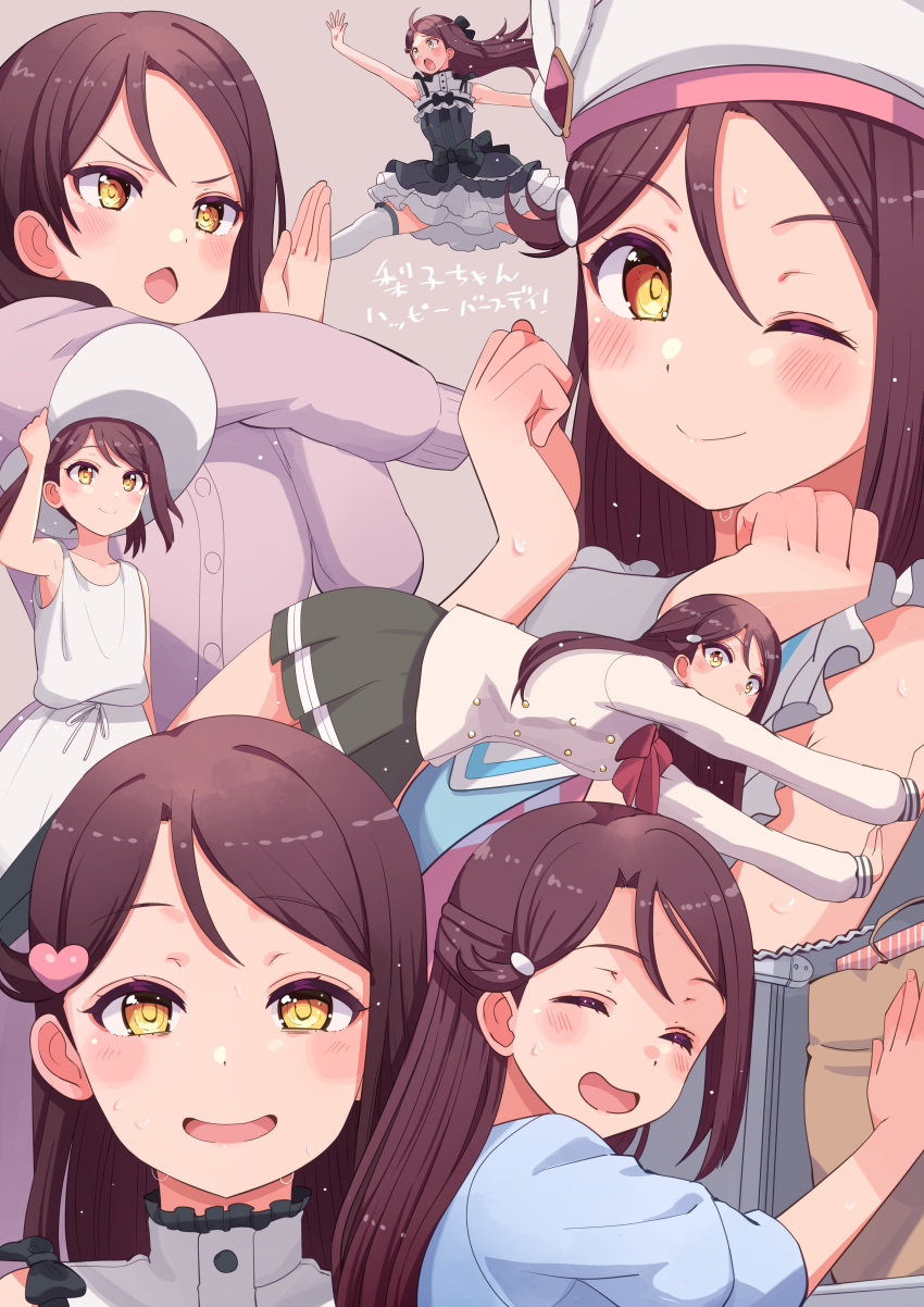 1girl, absurdres, aged_down, bangs, birthday, blush, closed_eyes, commentary, cream_(nipakupa), dress, embarrassed, grey_background, hair_ornament, half_updo, hat, heart, heart_hair_ornament, highres, jumping, kimi_no_kokoro_wa_kagayaiteru_kai?, long_hair, looking_at_viewer, love_live!, love_live!_sunshine!!, multiple_views, one_eye_closed, redhead, sakurauchi_riko, school_uniform, sidelocks, smile, sweat, translation_request, ultra_beam, ultra_series, uranohoshi_school_uniform, white_dress, yellow_eyes