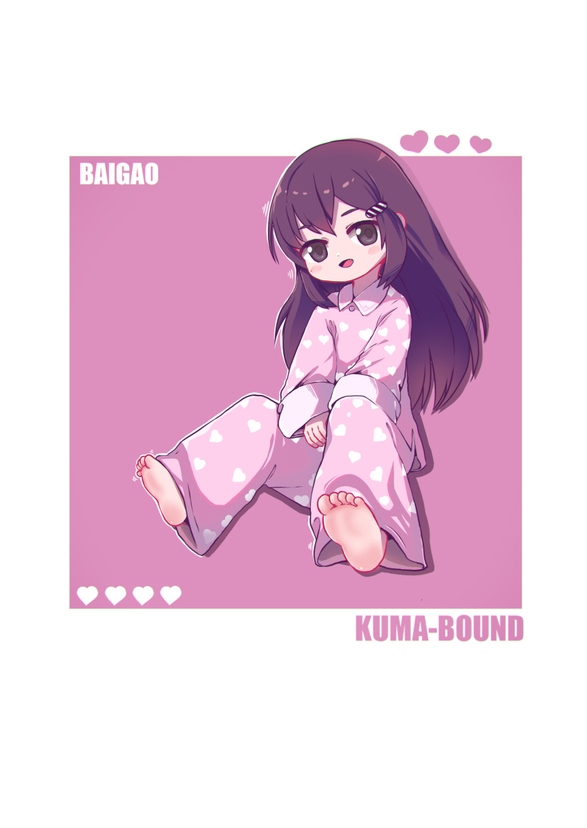 1girl, absurdres, artist_name, barefoot, border, brown_eyes, collared_shirt, commentary_request