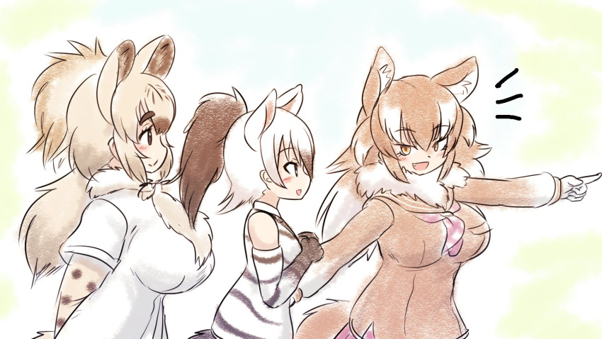 3girls, aardwolf_(kemono_friends), aardwolf_ears, aardwolf_girl, aardwolf_print, aardwolf_tail, animal_ears, animal_print