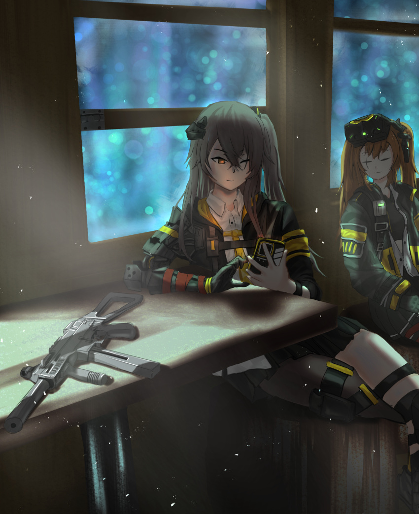 2girls, absurdres, bangs, brown_eyes, brown_hair, closed_eyes, closed_mouth, commentary_request
