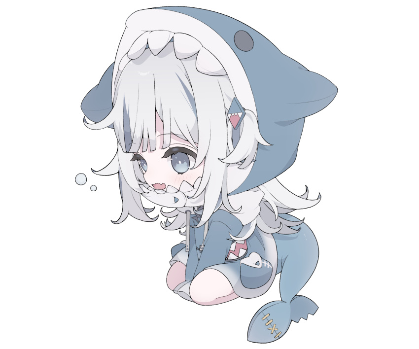1girl, animal_hood, blue_dress, blue_eyes, blue_hair, blush, bubble, chibi