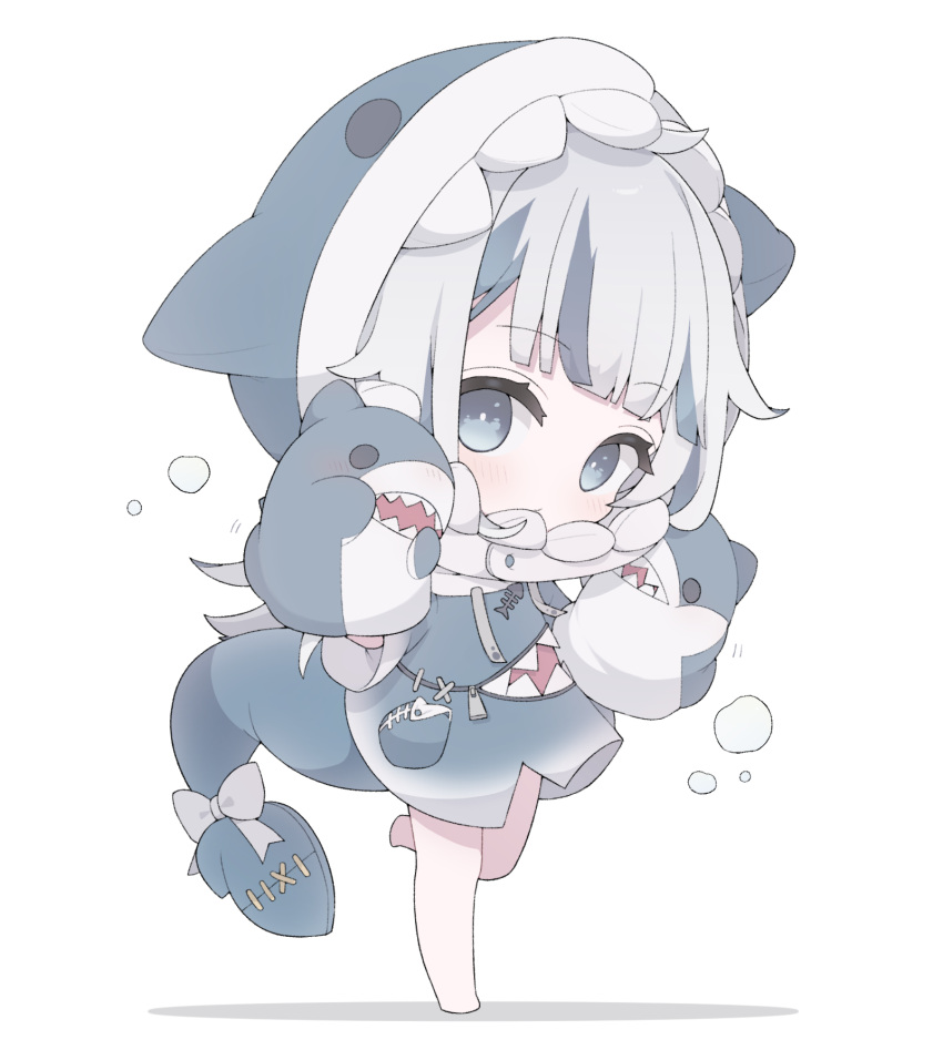 1girl, animal_hood, bangs, blue_dress, blue_eyes, blunt_bangs, blush, bow