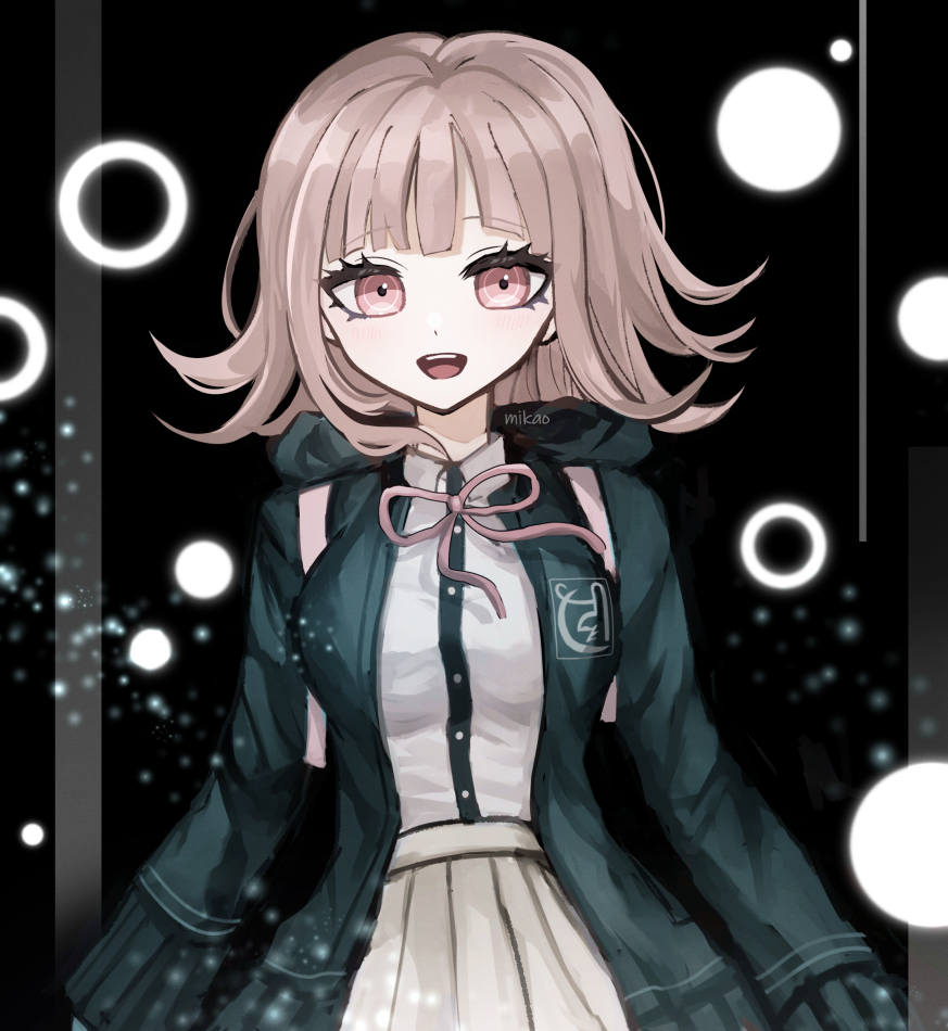 1girl, :d, artist_name, bangs, black_background, black_jacket, brown_hair, brown_skirt, collared_shirt, cowboy_shot, danganronpa_(series), danganronpa_2:_goodbye_despair, dress_shirt, flipped_hair, grey_background, hood, hood_down, jacket, long_sleeves, medium_hair, mikao_(eanv5385), nanami_chiaki, neck_ribbon, open_clothes, open_jacket, pink_eyes, pink_ribbon, pleated_skirt, ribbon, shirt, shirt_tucked_in, skirt, smile, solo, teeth, two-tone_shirt, upper_teeth
